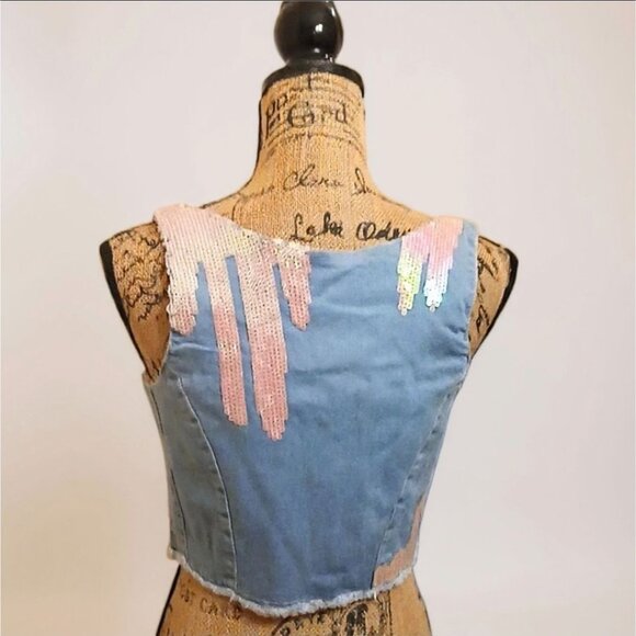 Sugar Thrillz Sequin Bustier Denim Crop Top w/ Zipper Front & Pink Sparkle – S - Picture 3 of 7